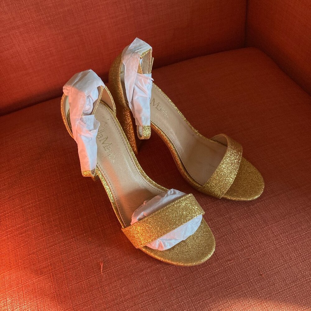 Bella Marie 3" Block Heels, Sparkly Gold, size 5.5